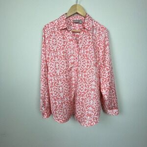 Chico's 2 (L) Peach Paisley‎ Button Up Shirt Roll Tab Long Sleeve Career